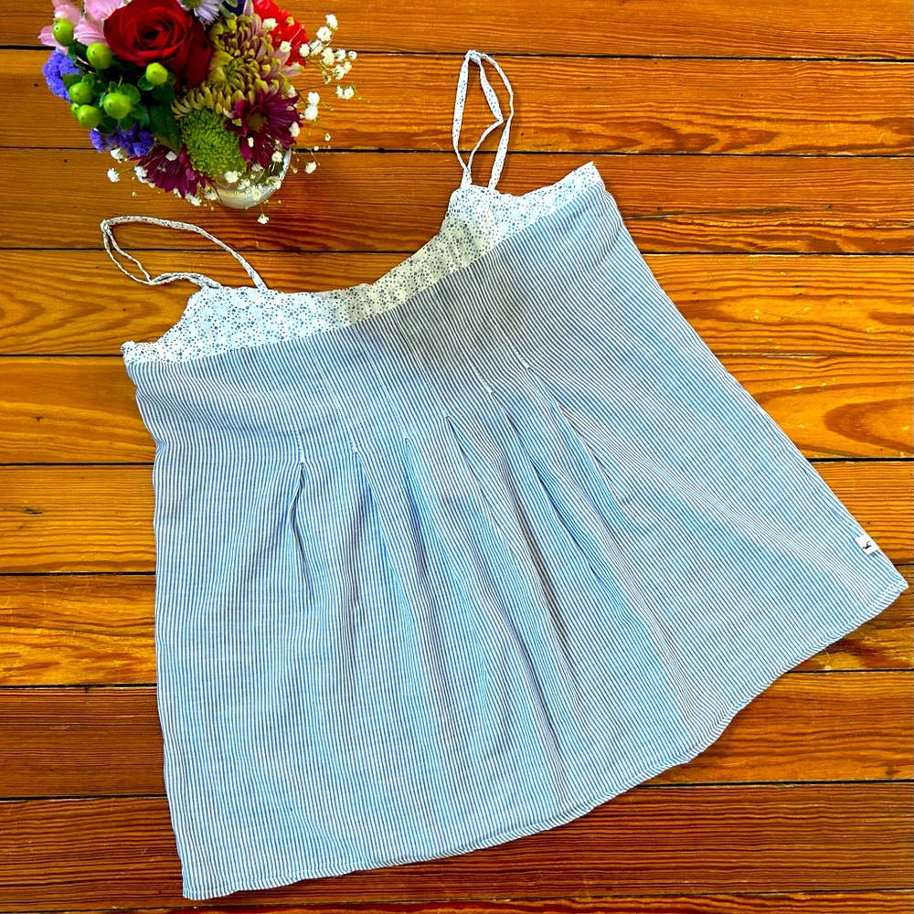 Hollister boho blue and white striped tank with floral trim. Lightweight/flowy.